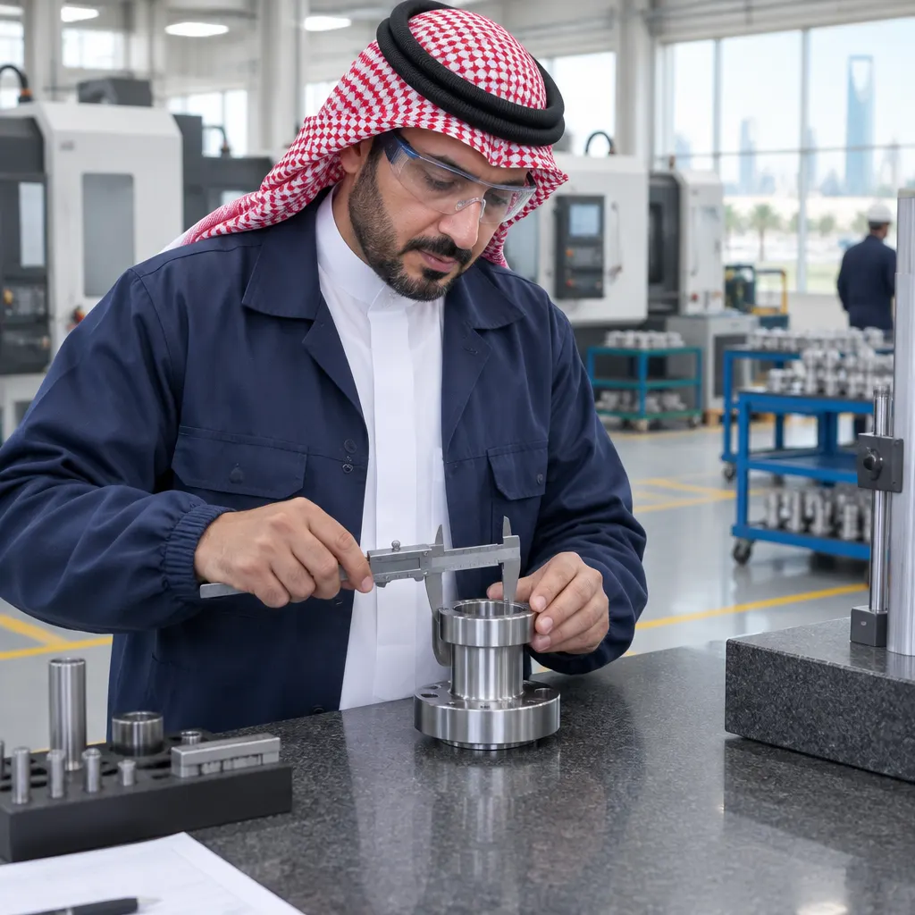 Quality inspector measuring a machined part with a caliper