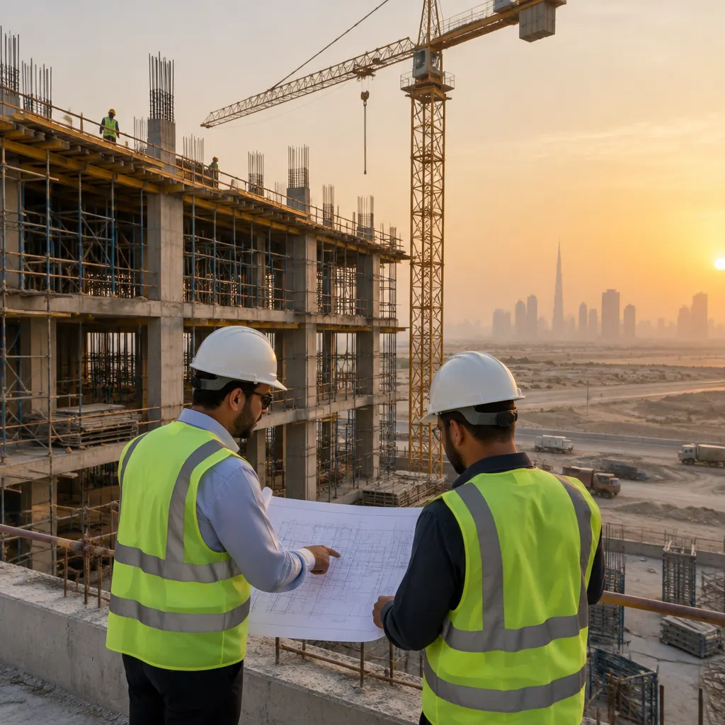 Two site engineers reviewing a drawing on a construction site at sunset